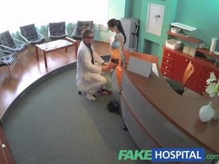 FakeHospital alluring patient bent over the receptionists desk and fucked from behind
